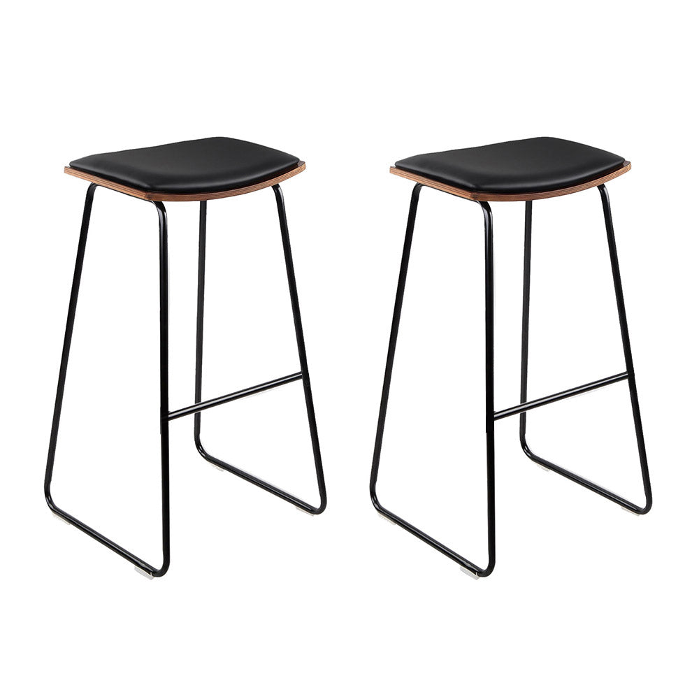 Artiss Set of 2 Backless PU Leather Bar Stools in black and wood, featuring a padded seat and sturdy metal frame.